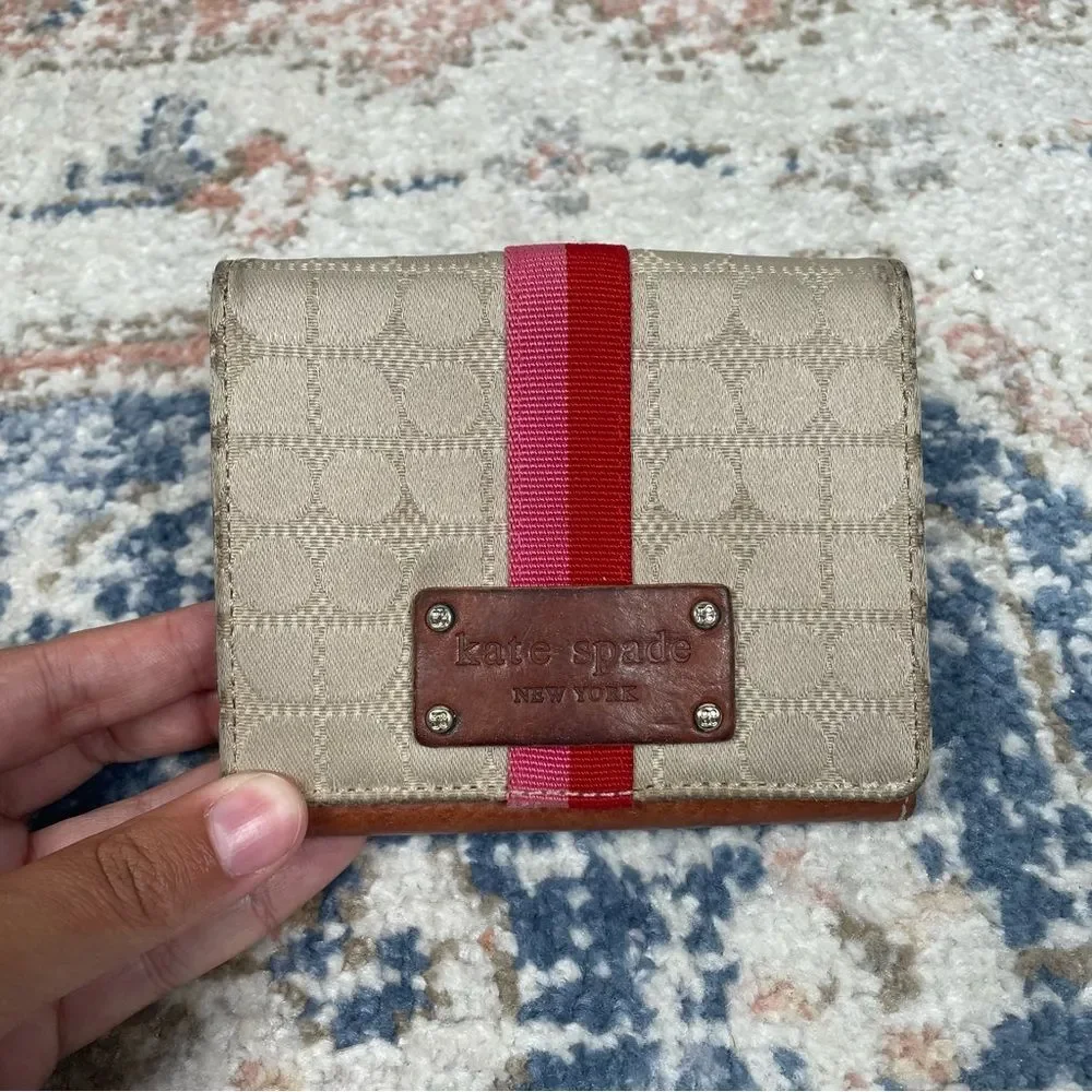 Vintage Kate Spade Red, Pink, and Tan Patterned Wallet Leather and Canvas